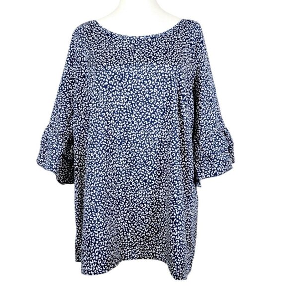 Women's Plus Size 2X Navy Leopard Round Neck Tiered Short Ruffled Sleeve Blouse - Picture 1 of 11